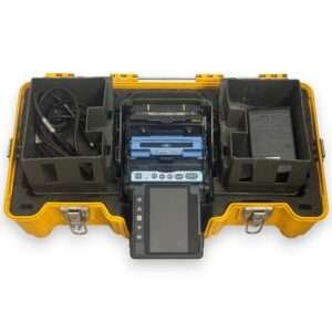 used Fujikura 70S+ fusion splicer front view showing touchscreen display and fiber holder clamps