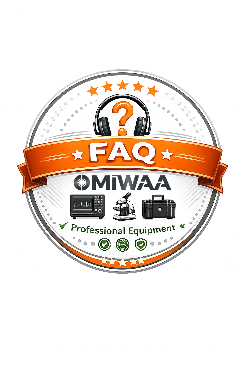FAQ OMIWAA badge with answers about professional equipment sales, shipping, returns, inspections and customer support